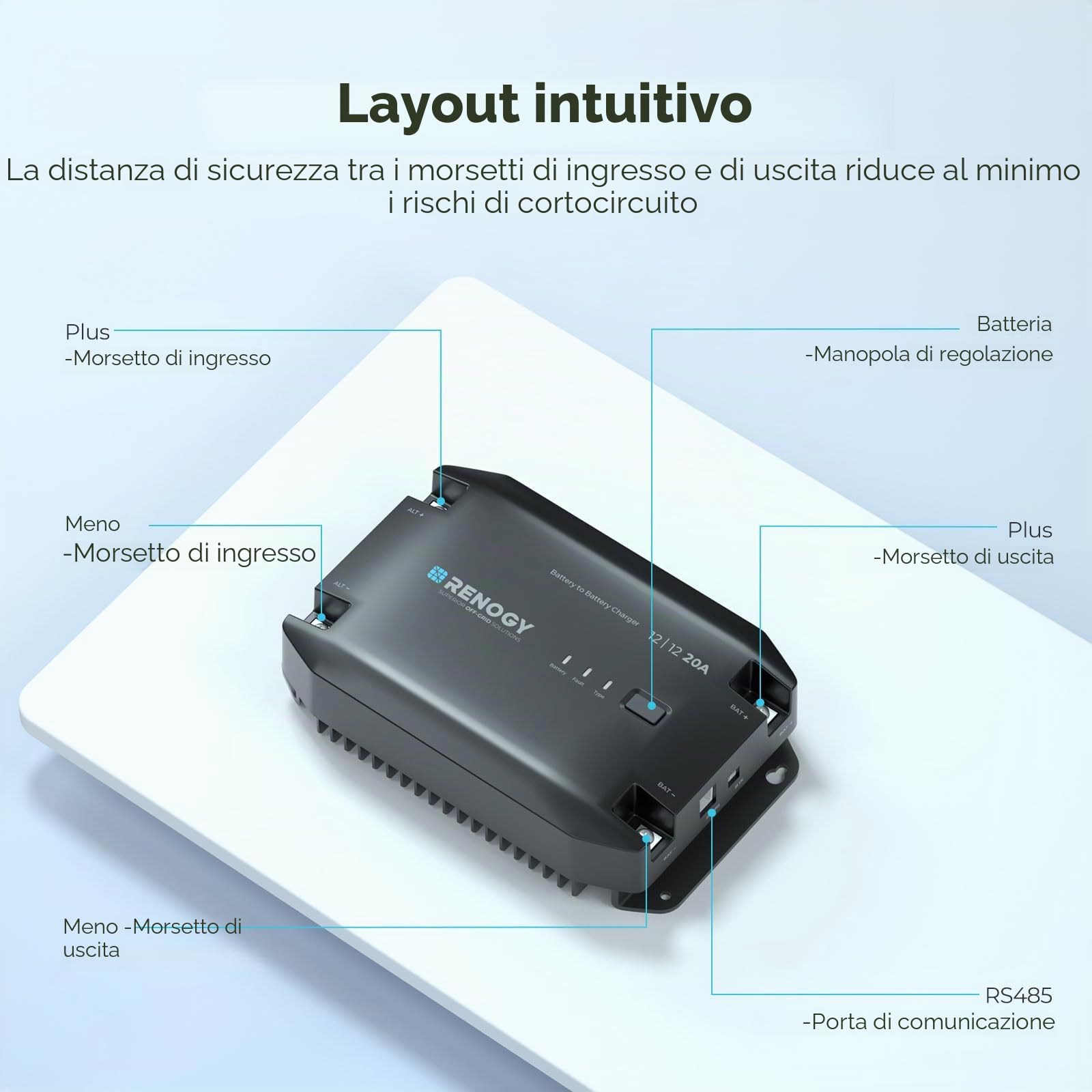 Renogy Caricabatterie DCDC da 20 A, 12 V, AGM, flooded, gel e batteria al litio, protezione contro il surriscaldamento
