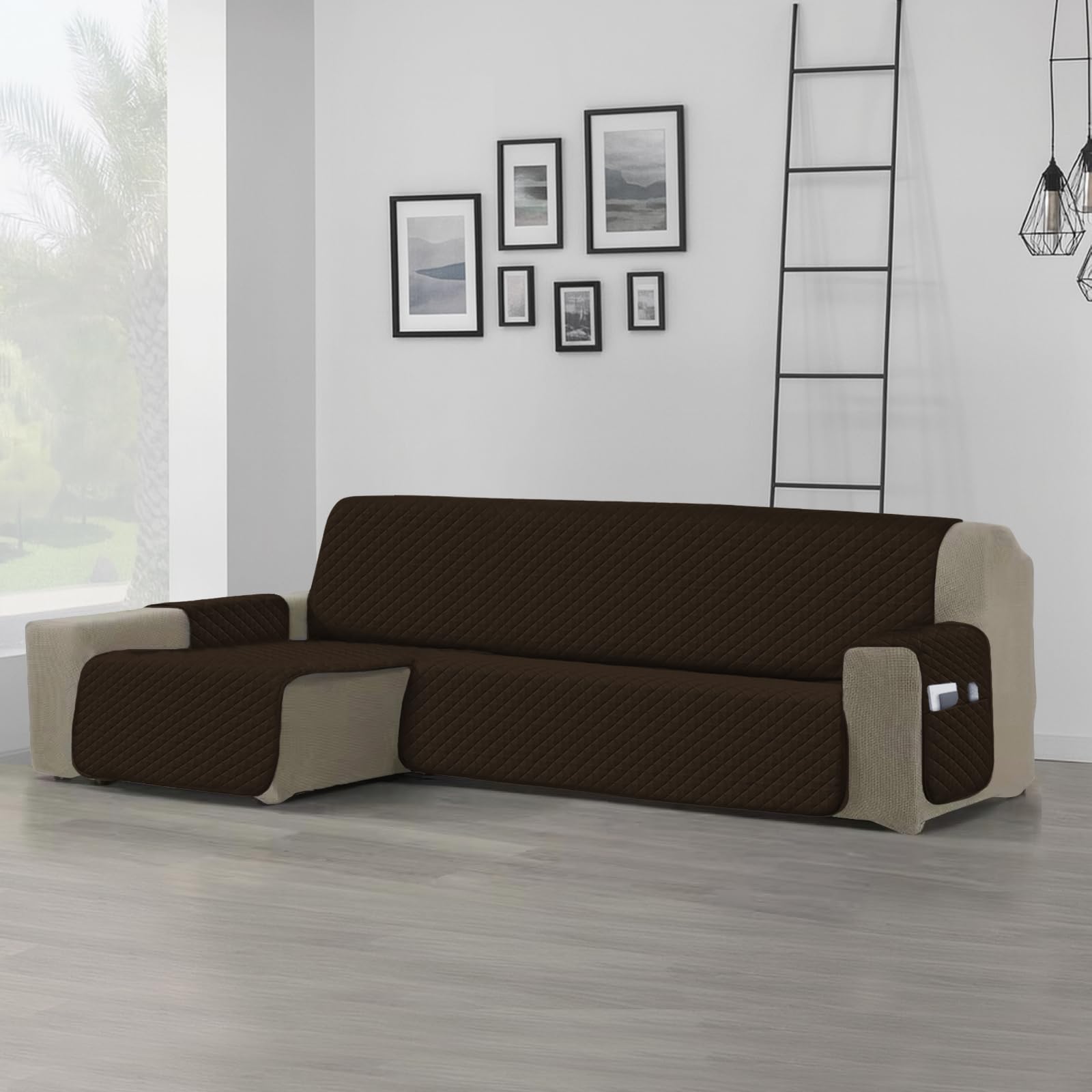 DALINA Left Chaise Longue Sofa Cover (2.4 m Total Width) Waterproof and Non-Slip, Adjustable Sofa Cover with Pockets, Pet Friendly, Wear-Resistant, Washable – Dark Coffee