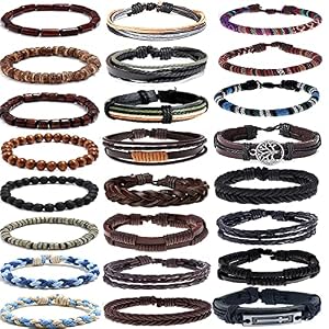 SONNYX 24 PCS Braided Leather Bracelet for Men Women Cool Woven Wrist Cuff Bracelets Hemp Cords Wooden Beads Ethnic Tribal Handmade Wrap Adjustable Wristband Bracelets