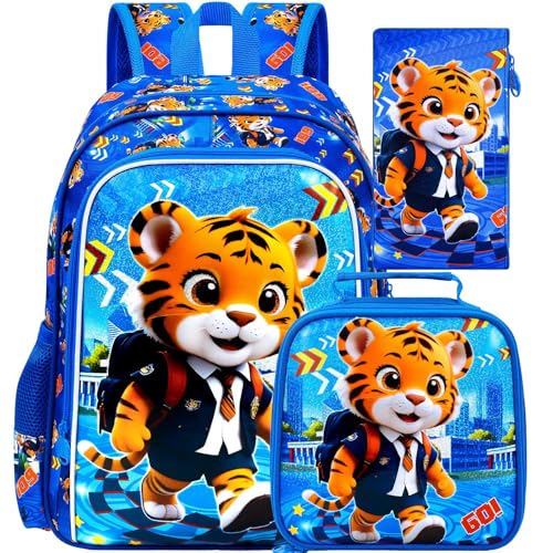 Image of CCJPX 16 inch Kids Backpack for Boys, 3PCS Tiger Water Resistant Preschool Bookbags, Cool Kindergarten School Backpacks and Lunch Box