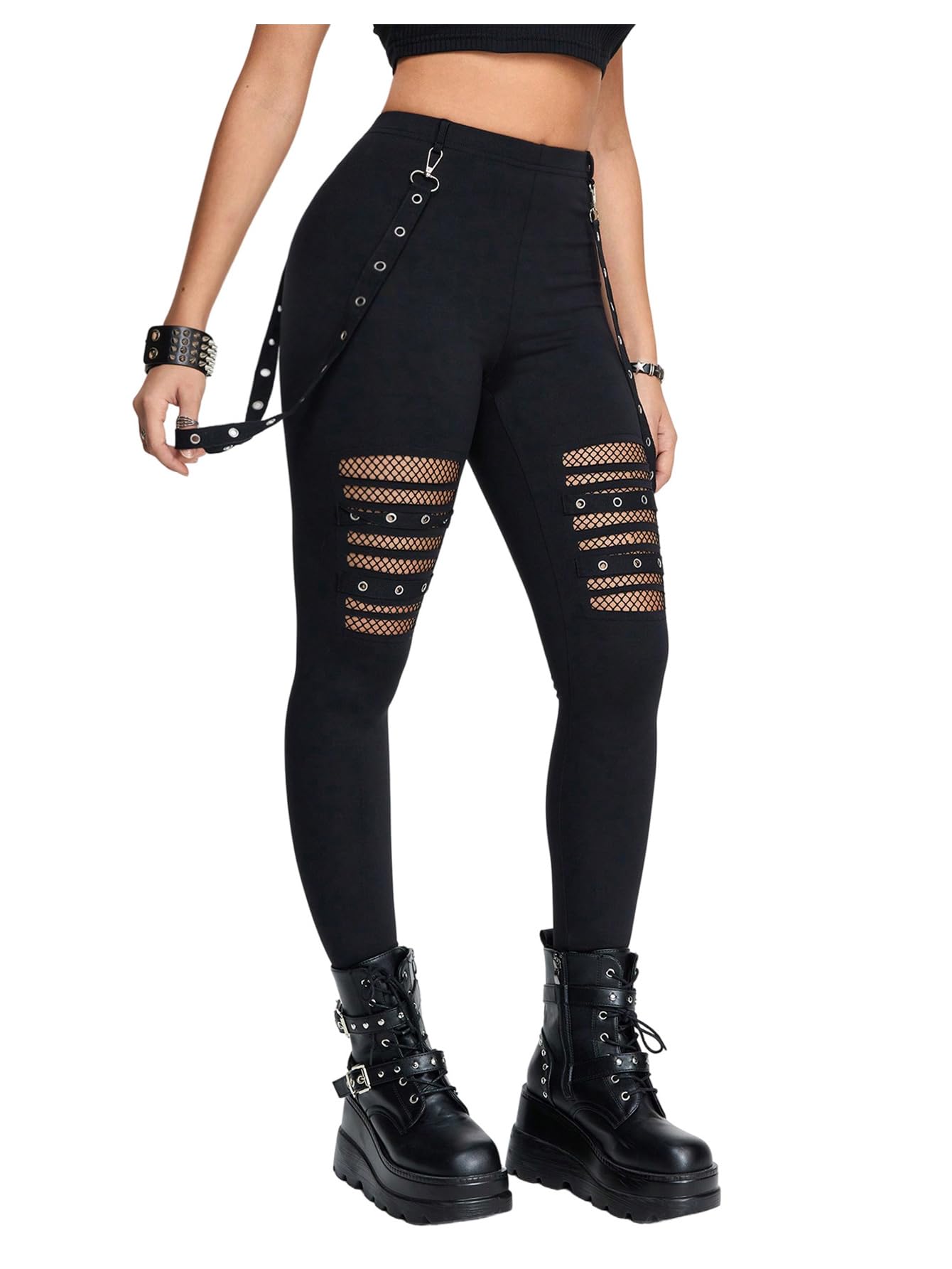 floerns Women's Gothic Mesh Leggings Pants High Waisted Skinny Punk Concert Outfit-picture-18