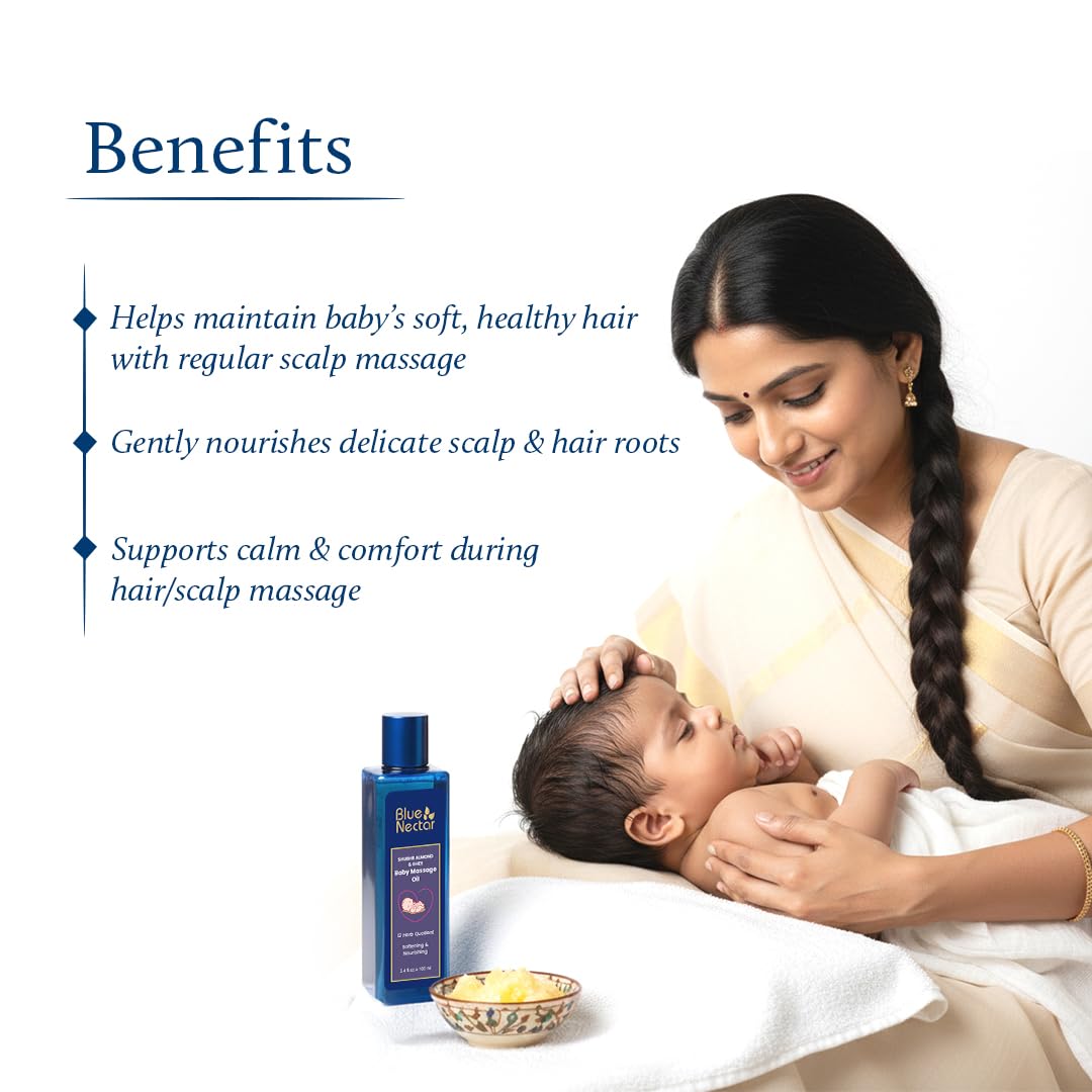 Blue Nectar Ayurvedic Baby Hair Oil with Ghee for Healthy Scalp. 100% Natural Baby Hair Growth Oil with Almond Oil and Olive Oil for Scalp Hydration and Nourishment (18 Herbs, 100 ml ) 3