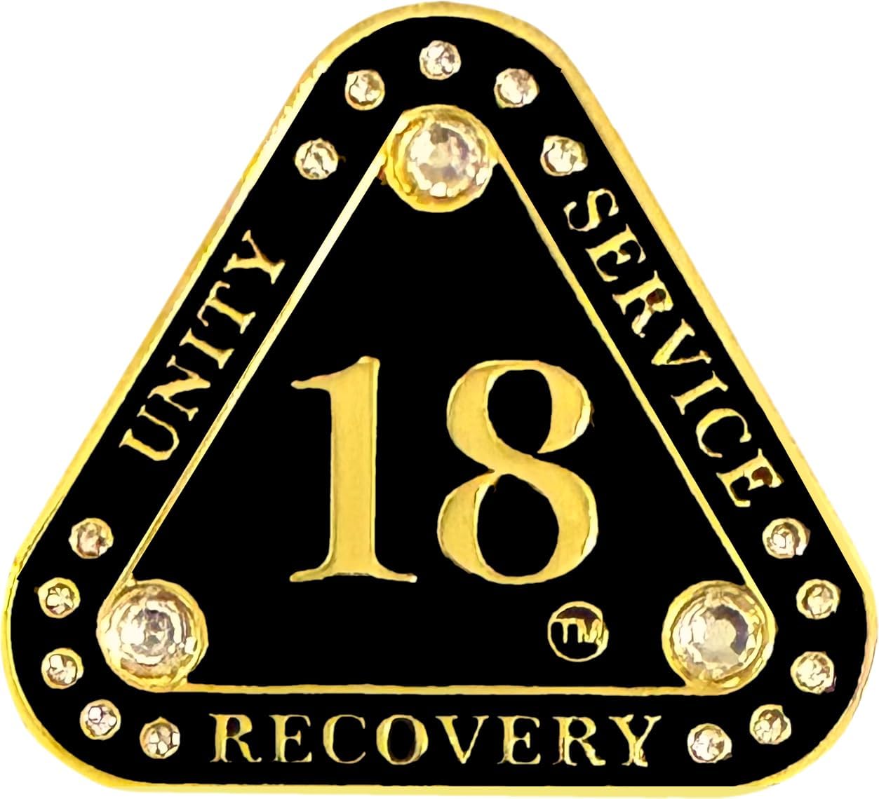 (1-55 Years) AA 18-Year "Midnight Crystals" Triangle Coin - Alcoholics Anonymous Medallion, AA Sobriety Medallion, Triangular Sobriety Chip, Clear Crystals, Golden, Black Rainbow Glitter