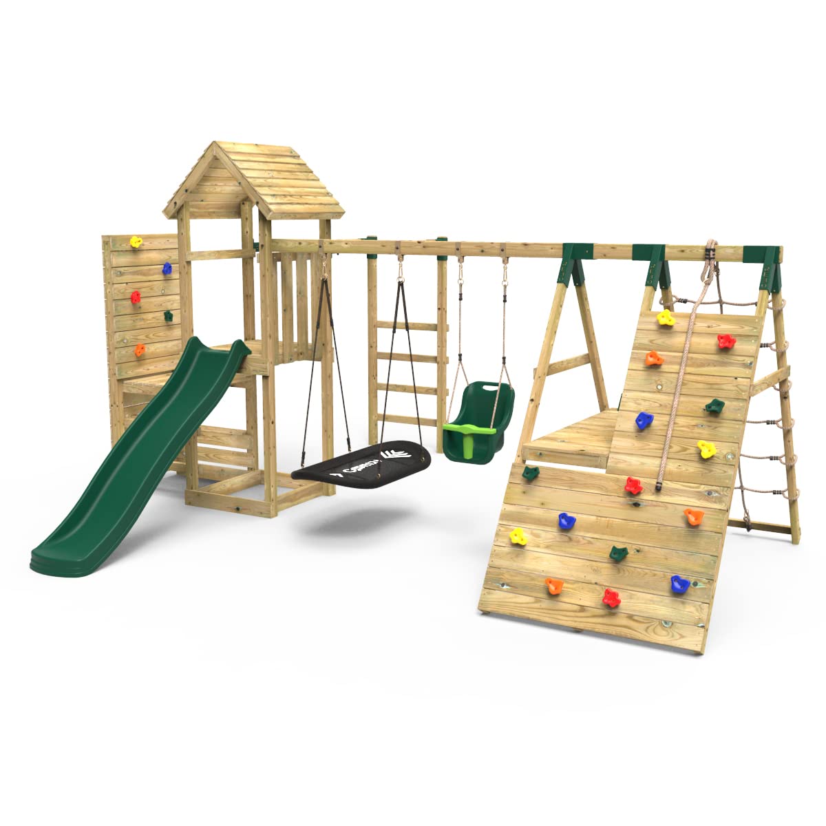 ReboWooden Climbing Frame with Vertical Rock Wall, Swing Set and Slide - Cairngorm | OutdoorToys | Kids' Outdoor Wooden Garden Play Equipment, Children's Jungle Gym