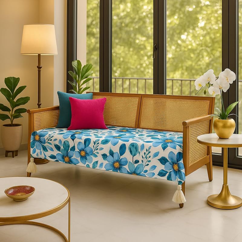 Blue Floral 5 Seater Sofa Cover Set| 2+2+1 Seater Sofacover Set |Corner Tassel Sofa Throw for 2 Seater and Single Seater |L Shaped Sofa 5 Seater Anti-Slip Sofa Cover with Armrest Covers |