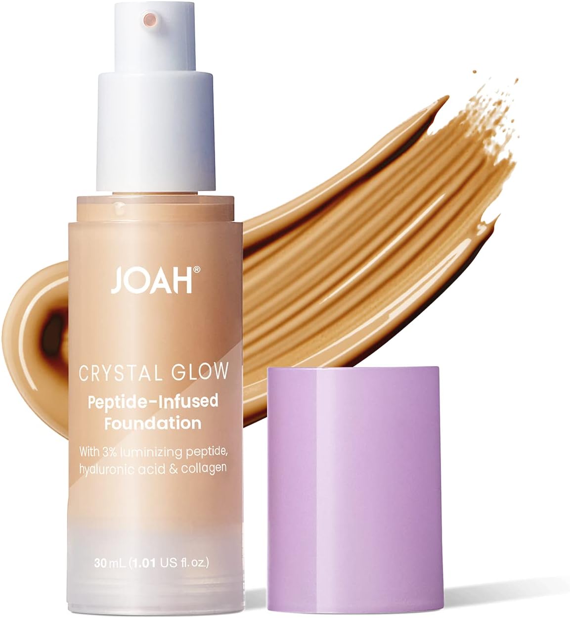 JOAH Crystal Glow Peptide-Infused Foundation, 2-in-1 Multitasking Korean Makeup with Blurring Face Primer, Luminizer, Hydration & Skin Defense for a Flawless Finish, 1.01 Oz, Light Warm