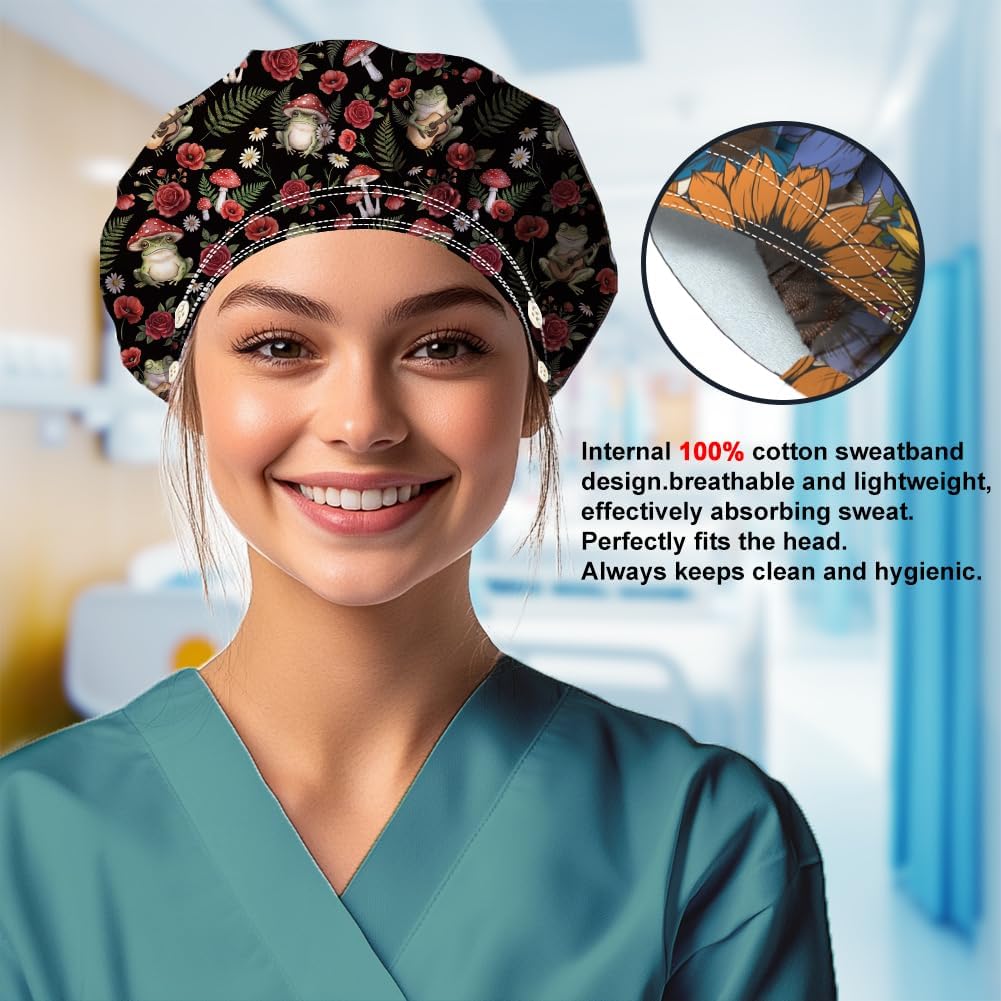 2pcs Bouffant Scrub Caps Cotton Nurse Scrub Hats with Button and Sweatband Adjustable Caps for Women Men Housework