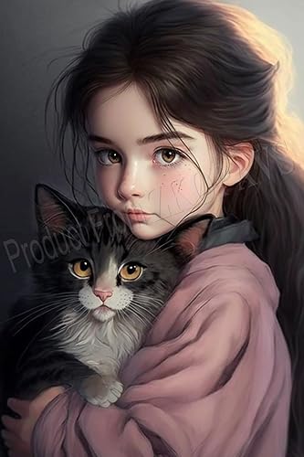 Miniatura 1 de ZKOPAVS Kits de pintura de diamantes para adultos y niños, pintura artística de niña y gato con diamantes de imitación, punto de cruz, arte redondo