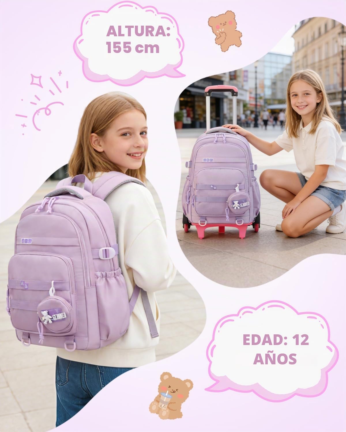 Amythe Mochila Escolar con Ruedas para Niña, Mochila Colegio Niña con Carrito Desmontable 6 Ruedas, 21L Mochilas Primaria Grande con Carro para Chicas 9-16 Años, Morado