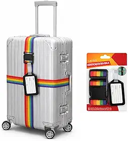Kit Cinta De Proteção E Identificação Para Mala De Viagem Colorida Arco-Íris Ajustável Com Fecho E Tag Identificador De Bagagem 160cm