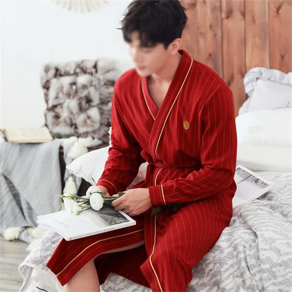 Men Nightgown Cotton Bathrobe Red Gown Negligee V-neck Intimate Lingerie Solid Colour Sleepwear