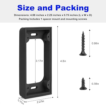 0.75 inch Door Doorbell Mount For RING 2nd Gen Video Doorbell (model 5UM5E5) - BLACK