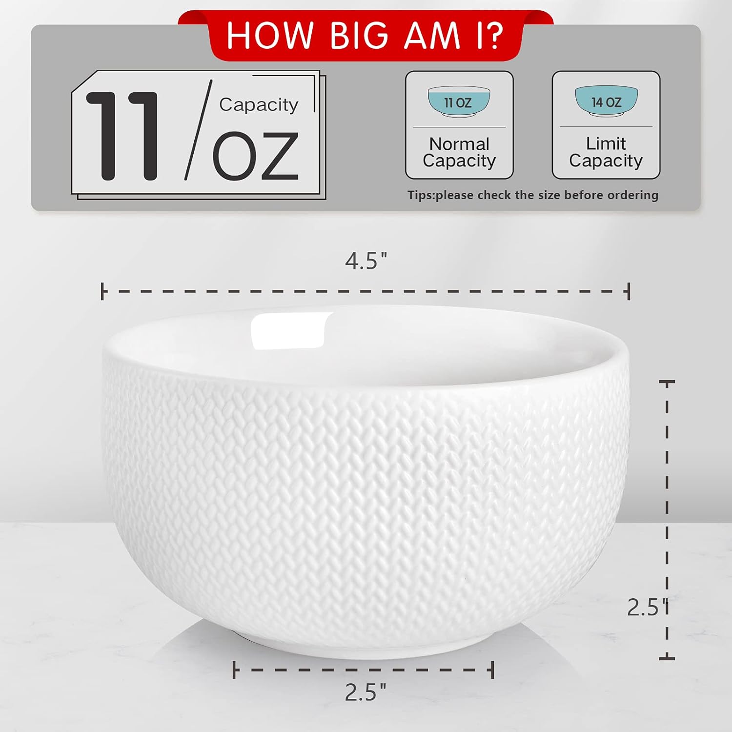  | AVLA 6 Pack Porcelain Bowls, 11 Ounce Ceramic Rice Bowls, Round Ice Cream Bowls for Kitchen, Cereal, Dessert, Textured Pattern, 4.5": Dessert Bowls