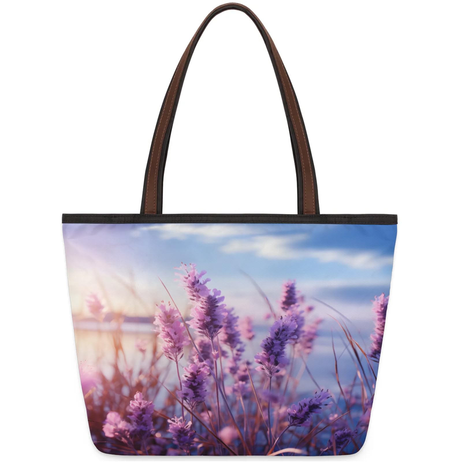 Lavender Flower Lake Tote Bag Multi Pocket Zippered Beach Bag Lightweight Waterproof Handbag for Women Men Work Gym Travel Swimming Yoga Grocery Shopping M