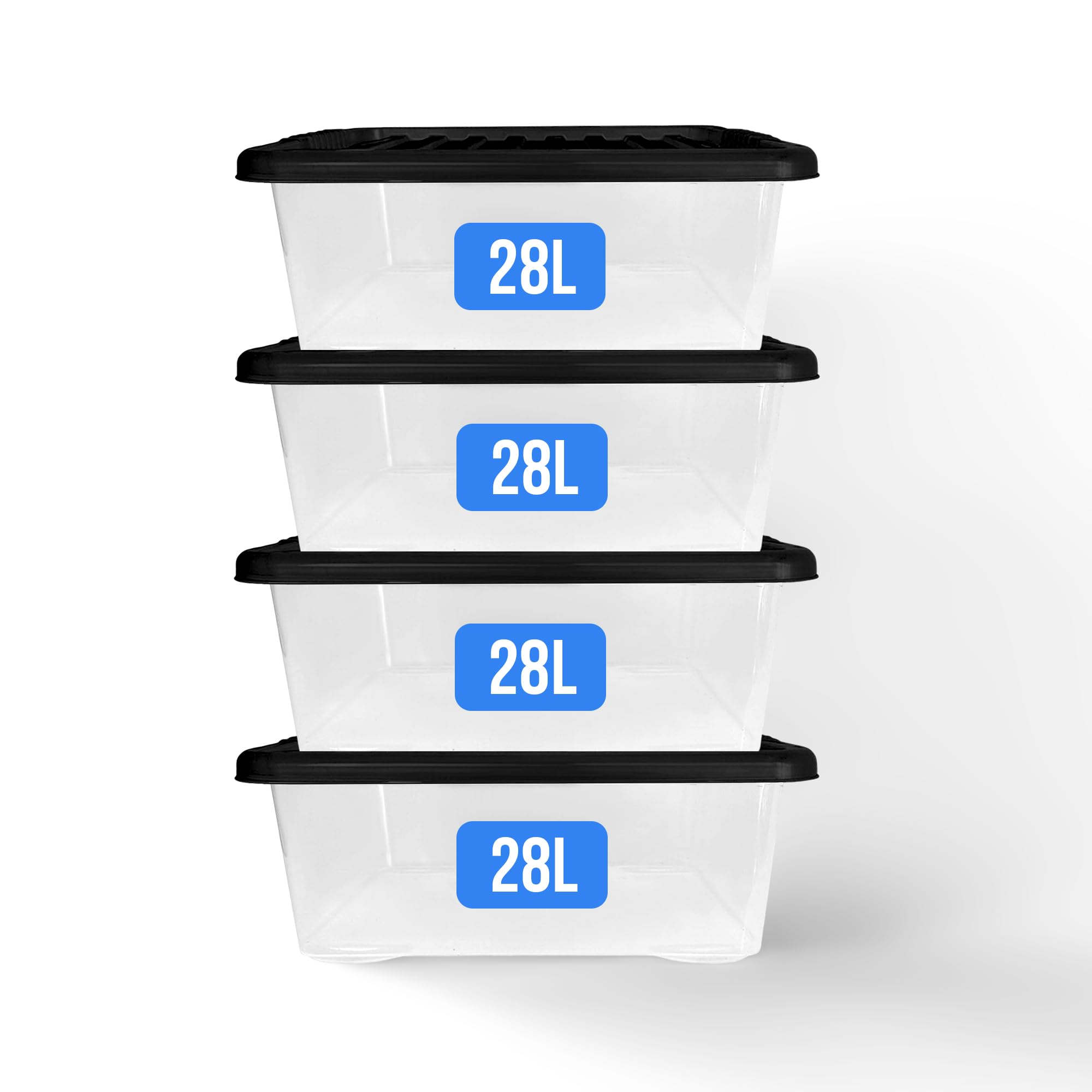 Kapco Clear 28L Plastic Storage Box With Black Lid (Pack Of 4) | Medium, Underbed, Stackable, Strong, Durable Box Containers For Home & Office | Multipurpose Storage Tubs | 49 X 39 X 18Cm | 28 Litre