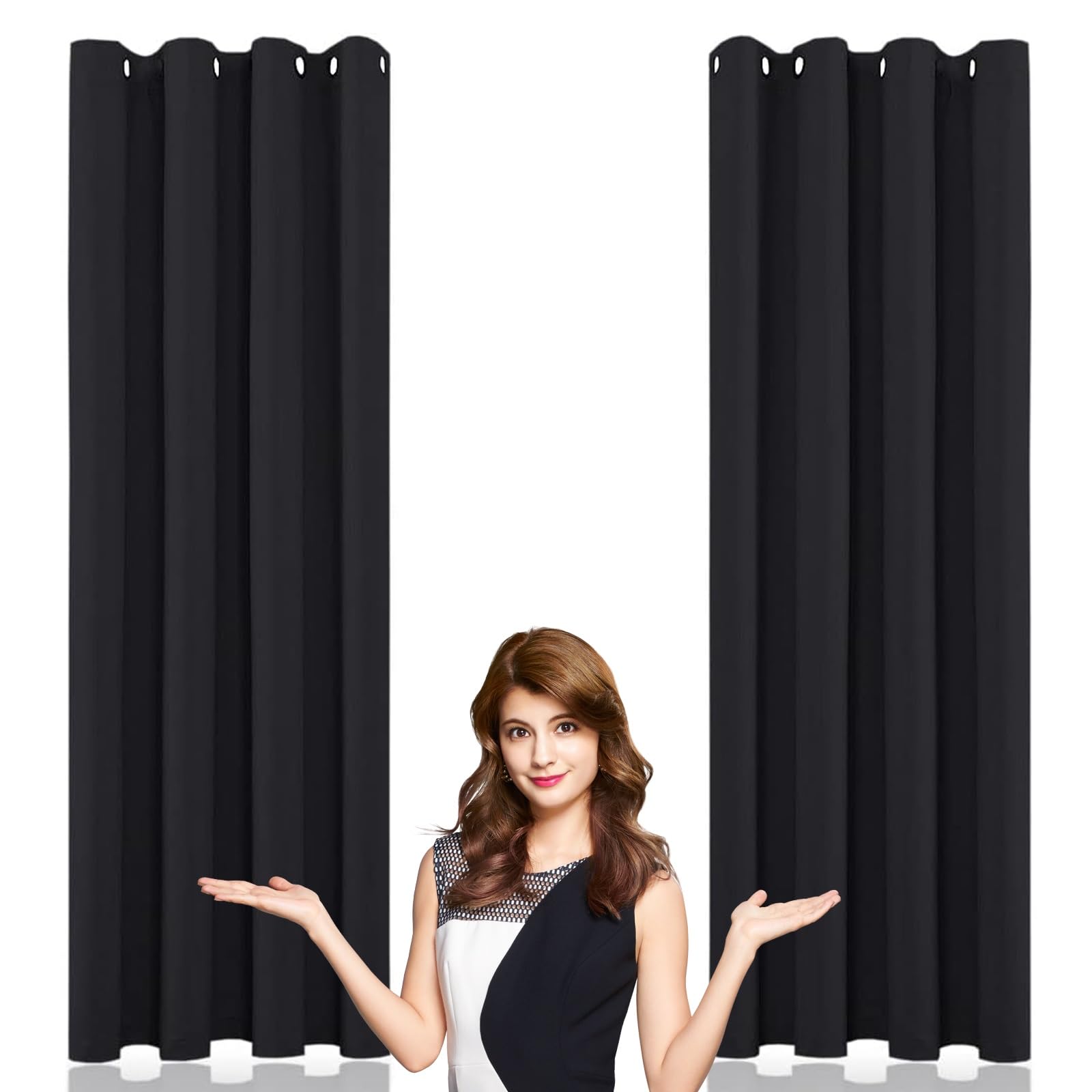 WUXXIANG Blackout Curtains Door Curtain 100 x 60 cm Thermal Insulated Blackout, Ring Top Decorative Darkening Curtain, with Matching Tie Backs, for Living Room/Kitchen, Black