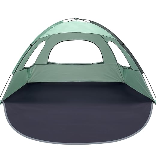 WhiteFang Beach Tent Anti-UV Portable Sun Shade Shelter for 3 Person, Extendable Floor with 3 Ventilating Mesh Windows Plus Carrying Bag, Stakes and Guy Lines (Mint Green)