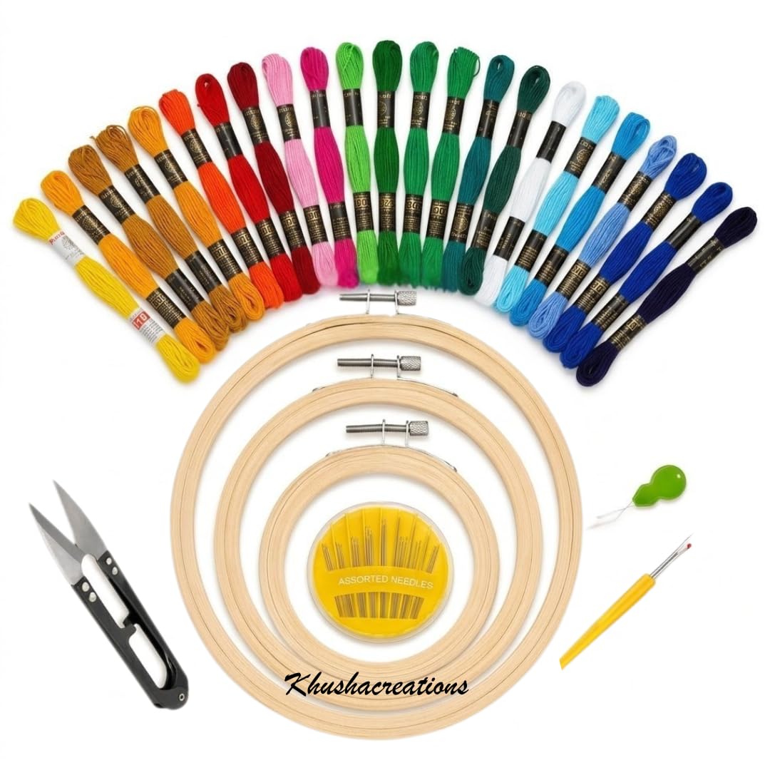 KHUSHA CREATIONS Embroidery Starter Kit with Wooden Hoops (8, 6, 5 Inch), 18 Color Threads, Needles, Thread Cutter, Seam Ripper & Needle Threader | DIY Hand Embroidery Kit for Beginners & Adults-picture-31