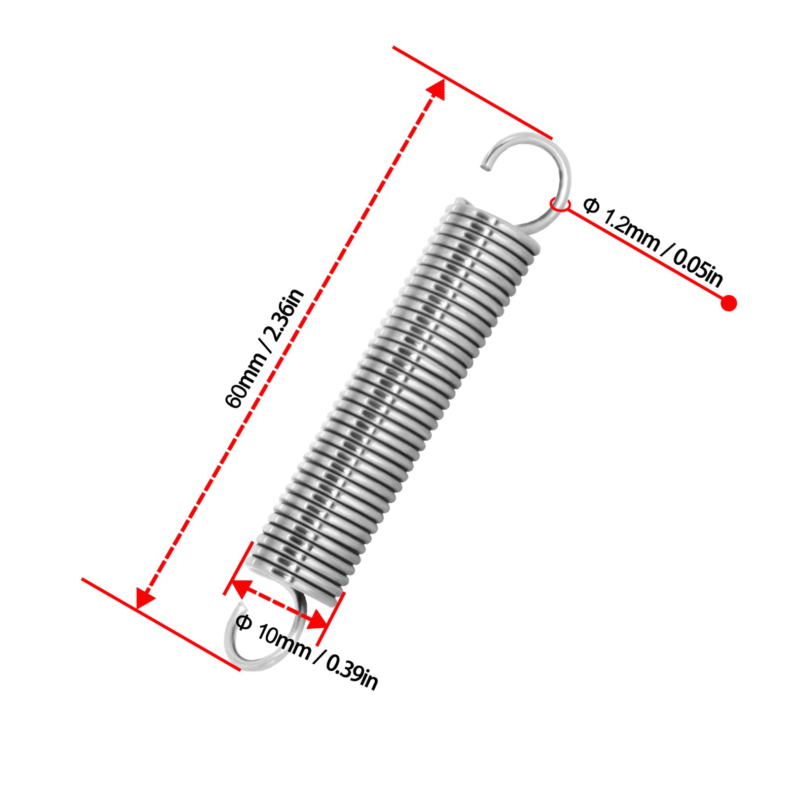 10 sztuk sprężyn naciągowych ze stali nierdzewnej z haczykami, sprężyna naciągowa 60 mm wolna długość, średnica zewnętrzna 10 mm, średnica drutu 1,2 mm, maksymalna siła ciągnąca 3,3 kg – 1,2