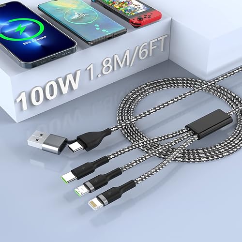 Cable de carga rápida USB C de 100 W, 6 pies, 5 en 2, USBC a USB CMicro USBMFi, cable de carga trenzado universal para iPhone, teléfono tipo C (no