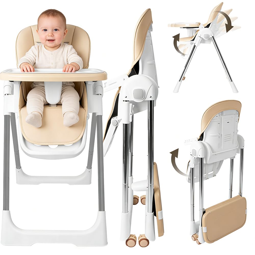 Baby Hochstuhl Klappbarer 4in1, Kinderhochstuhl Multifunktionaler Verstellbar, Babystuhl mit Tablett Abnehmbares und Rollen, Kinderhochstuhl Mitwachsender mit 5-Punkt-Gurt, Kinder Essstuhl, Beige