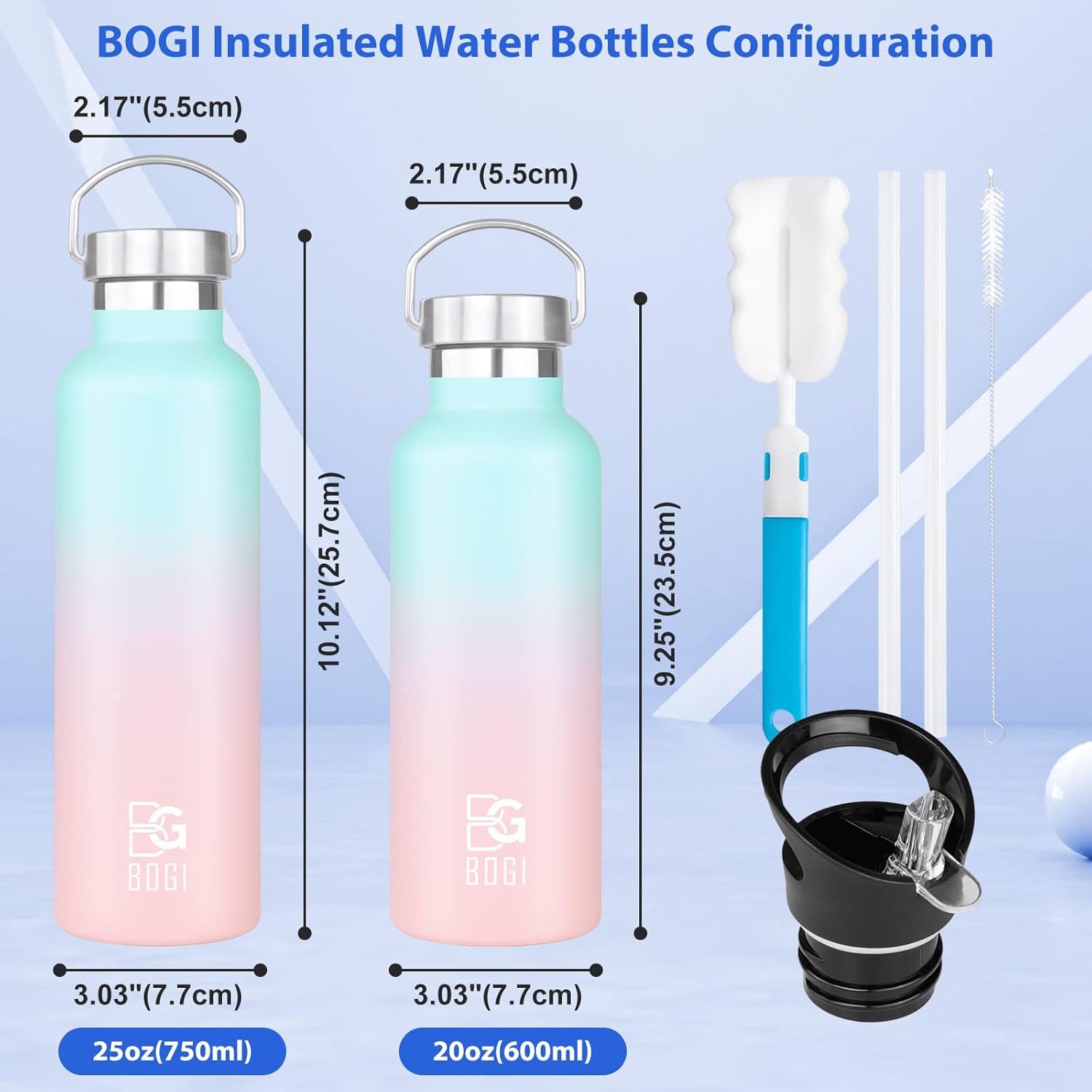 BOGI 20oz Insulated Water Bottle, Wide Mouth Stainless Steel Water Bottles Leakproof Metal Water Bottle with Straw and Handle BPA Free Steel Water Bottle for School Fitness Outdoor Sports-Blue Pink - Image 2