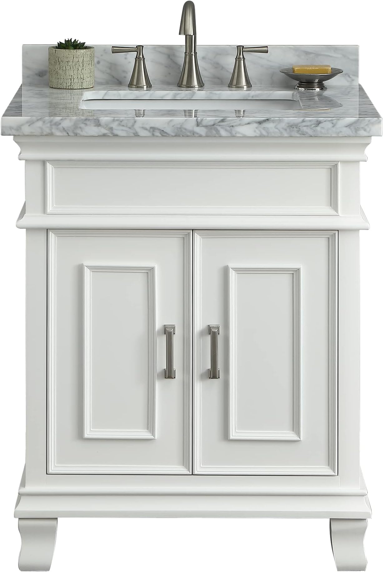 28" Middleton Vanity | Bathroom Vanity with Sink, Carrara Marble Countertop & Solid Wood Frame | Fully Assembled Bathroom Vanities | Pre-drilled for Faucets with 8โ Spacing | White