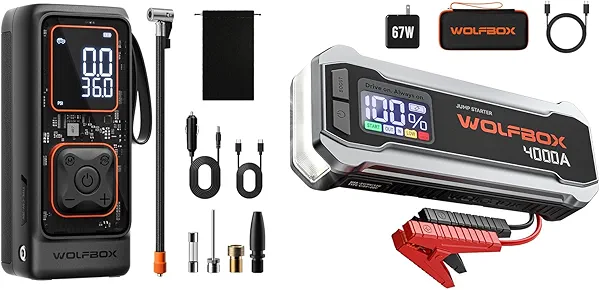 Wolfbox 4000A Jump Starter with 12000mAh & 150PSI Tire Inflator