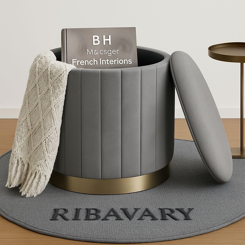 RIBAVARY® Round Velvet Luxurious Storage Ottoman, Pouf with Storage Vanity Stool Chair,Upholstered Foot Rest Stool with Gold Strip Base for Living Room or Bedroom (Grey, Medium- 36Dx36Wx40H)