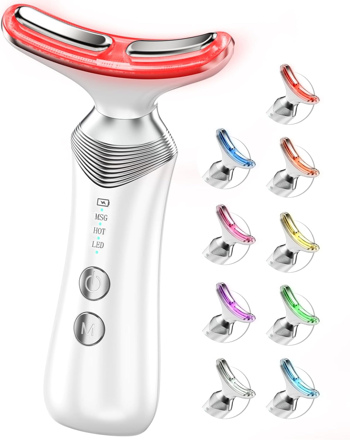 Dopsikn 9-in-1 Red-Light-Therapy-for-Face-and-Neck, Portable Facial Massager Tool with Adjustable Vibration & Thermals for Wrinkles, Double Chin, White