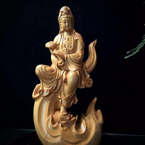 Miniatura 7 de Estatua de Quan Yin de llama de madera maciza tallada a mano, estatua de Buda femenina Kuan Yin, decoración zen, estatua de meditación Guan Yin para