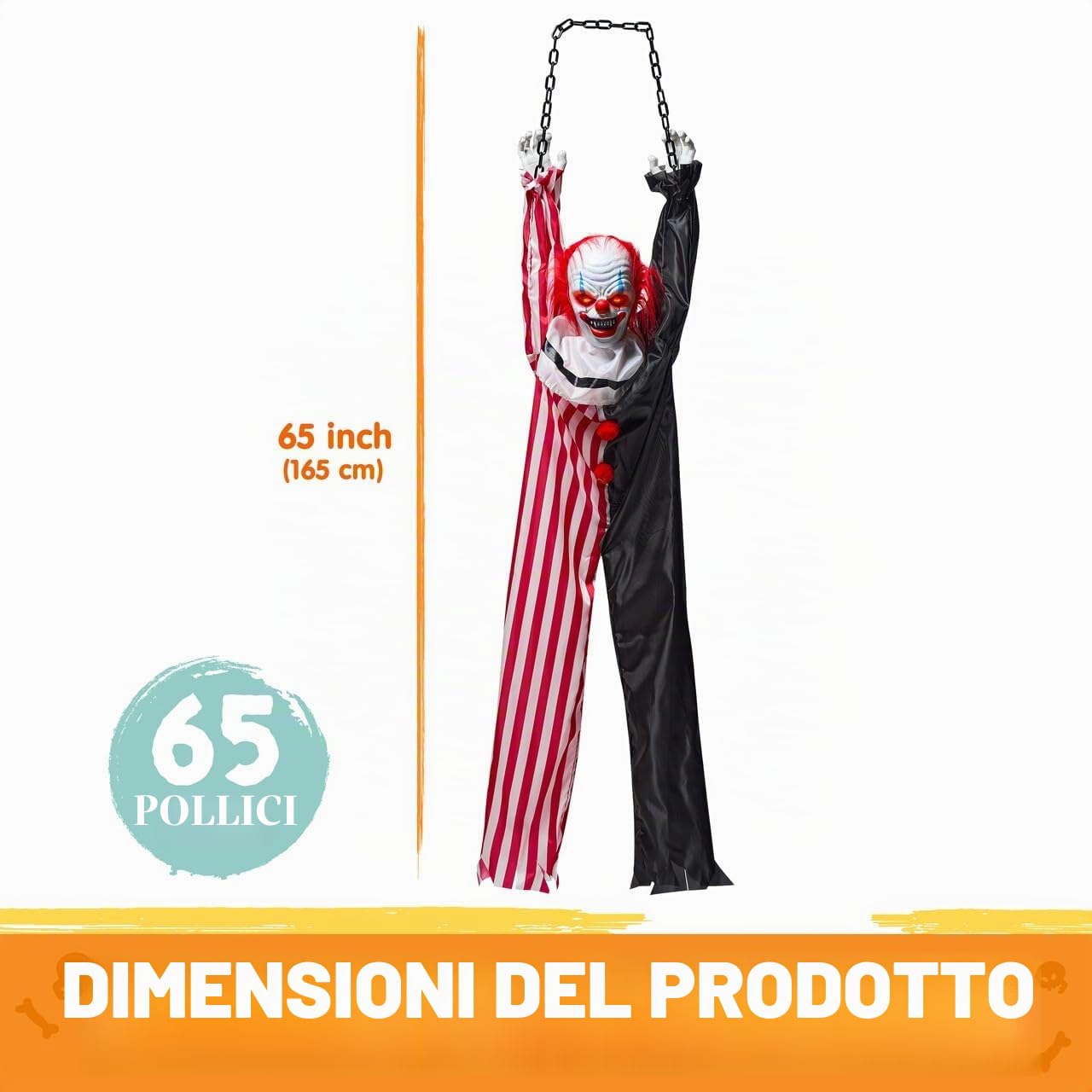 JOYIN Decorazione animatronica da appendere a forma di clown di Halloween, con catena, 165 cm, spaventoso clown con movimento, luce e suono (attivato dal suono), decorazione animata per cortile
