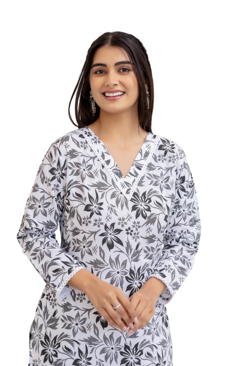DressBerry Women's Floral Print Cotton Kurti, V-Neck, 3/4 Sleeve, Purple and White in white