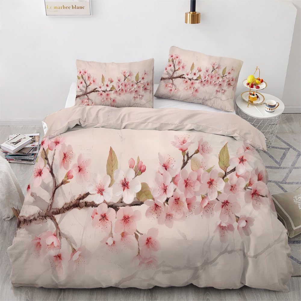 Funda Nordica Cama 105 Juvenil Flor de Durazno Rosa Funda Edredon 200x200 Flores de Primavera 3D Fundas de Edredón Microfibra Ropa de Cama de 3 Piezas con Cremallera y 2 Fundas de Almohada K-1552