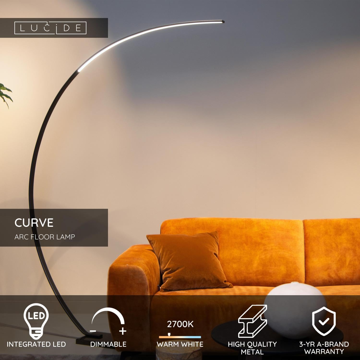 LUCIDE CURVE - Lampadaire arceau - LED Dim. - 1x15W 2700K - Noir