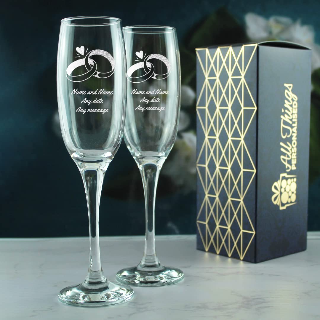 Set di bicchieri da champagne da matrimonio con incisione personalizzata con qualsiasi messaggio, qualsiasi data, design di fedi nuziali, due bicchieri da champagne personalizzati da 7 once