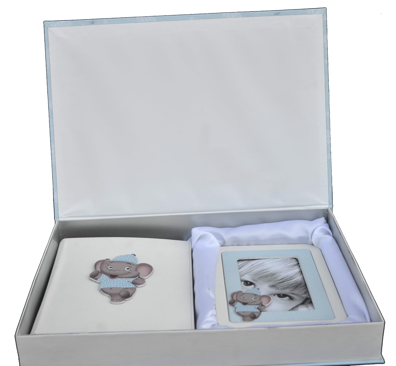 Benvenuto al Mondo: Set regalo tema Elefantino con Diario e Portafoto da tavolo Neonato nascita (Celeste)