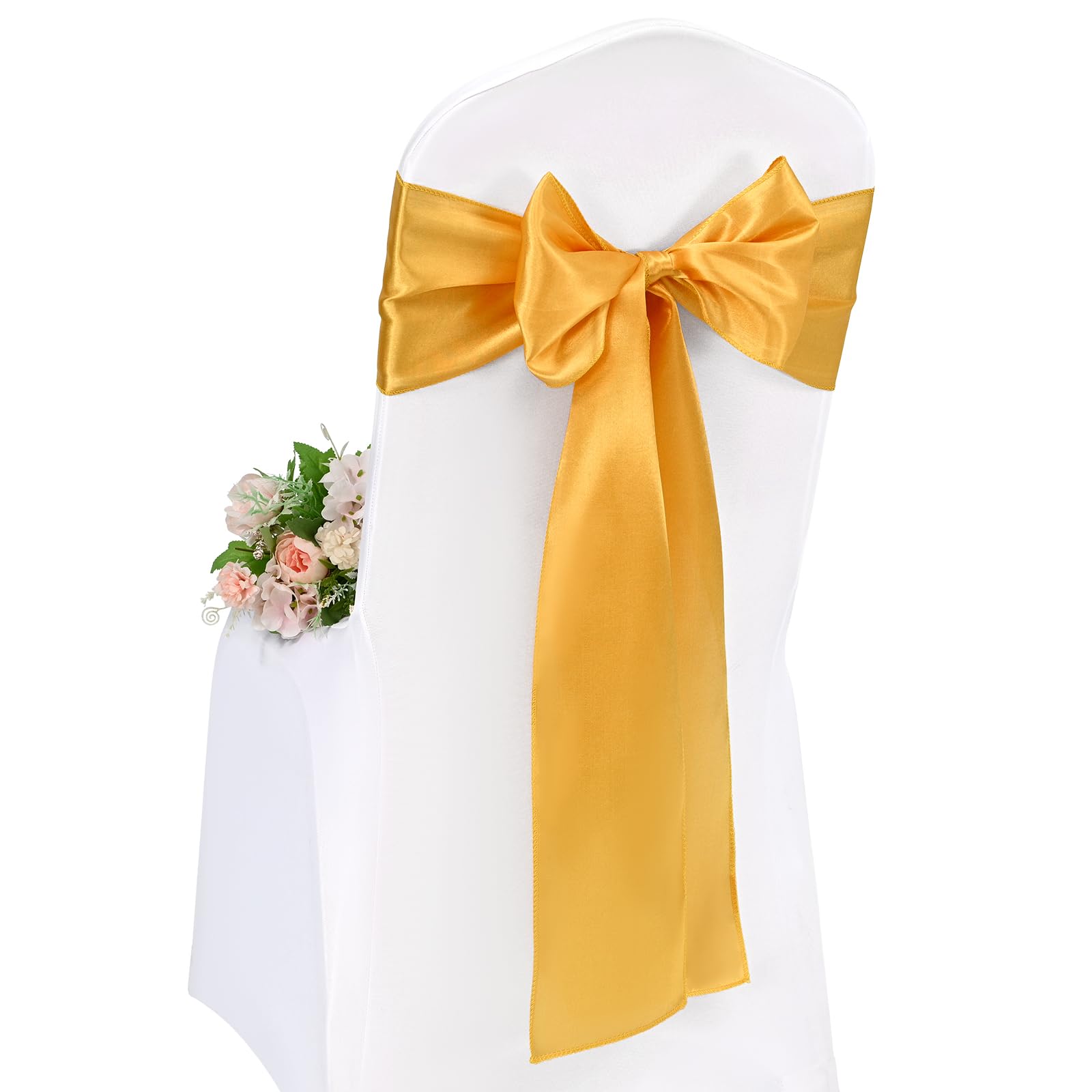 Pesonlook 100 Pcs Gold Chair Sashes, Satin Chair Cover Bands 7X108 Inch Chair Sashes Bow Back Tie Ribbon For Wedding Party Hotel Decorations (17X275 CM)