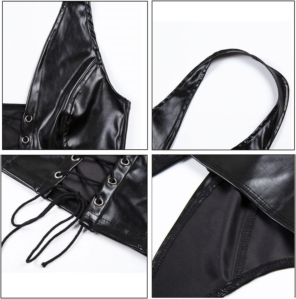 Women Sexy Corset Tops, Adjustable Spaghetti Straps PU Leather Bustier Crop Top Rave Outfit Party Club Night Black - Image 8