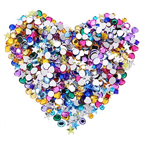 Blulu 600 Pieces Gems Acrylic Craft Jewels Flatback Rhinestones Gemstone Embellishments Heart Star Square Oval and Round, Assorted Color (6 to 10 mm)