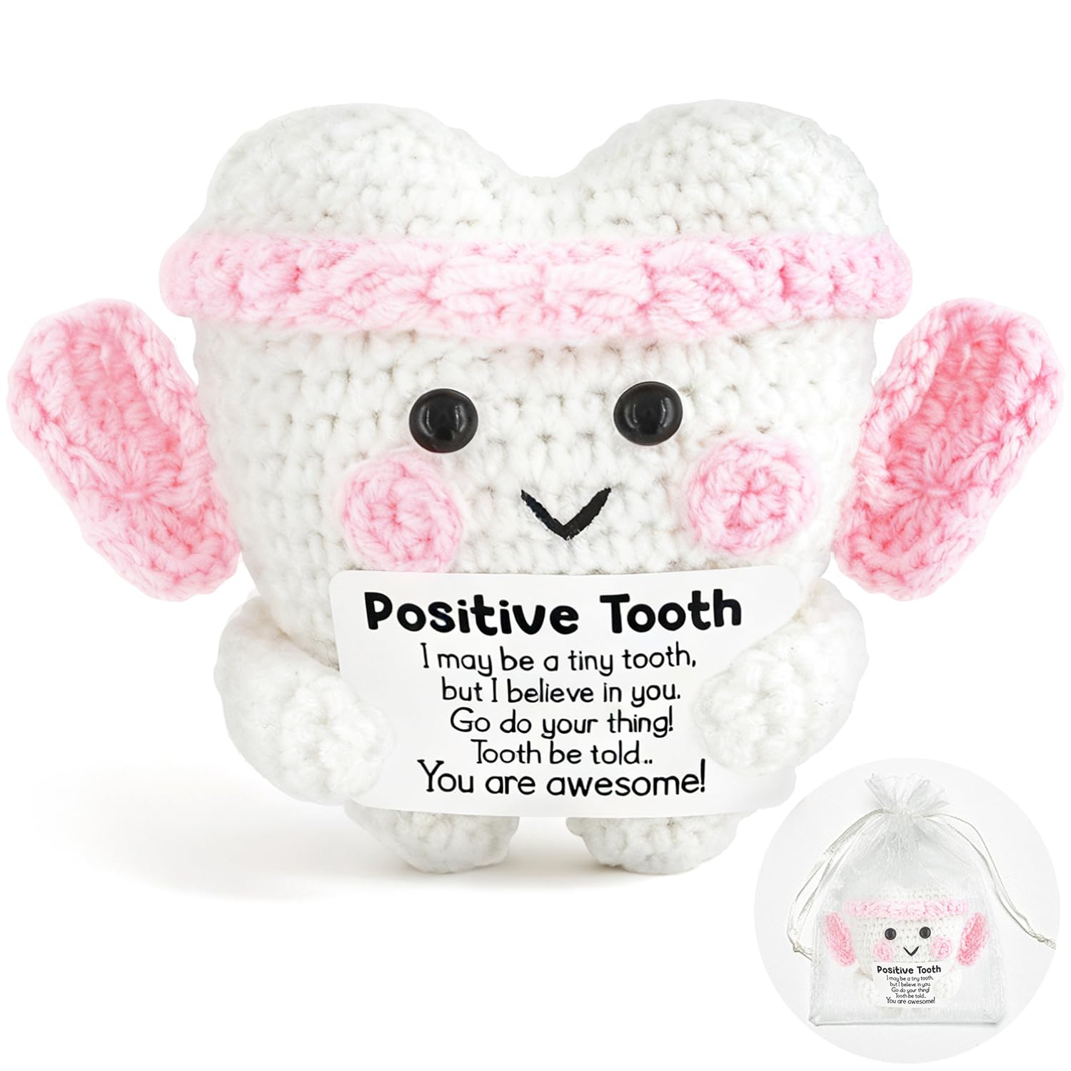 Dental Hygienist Gifts, Positive Crochet Tooth Dentist Gifts with Card for Women, Dental, Nurse, Assistant Inspirational Plush, Office Desk Decor, Easter Basket Essentials Stuffers
