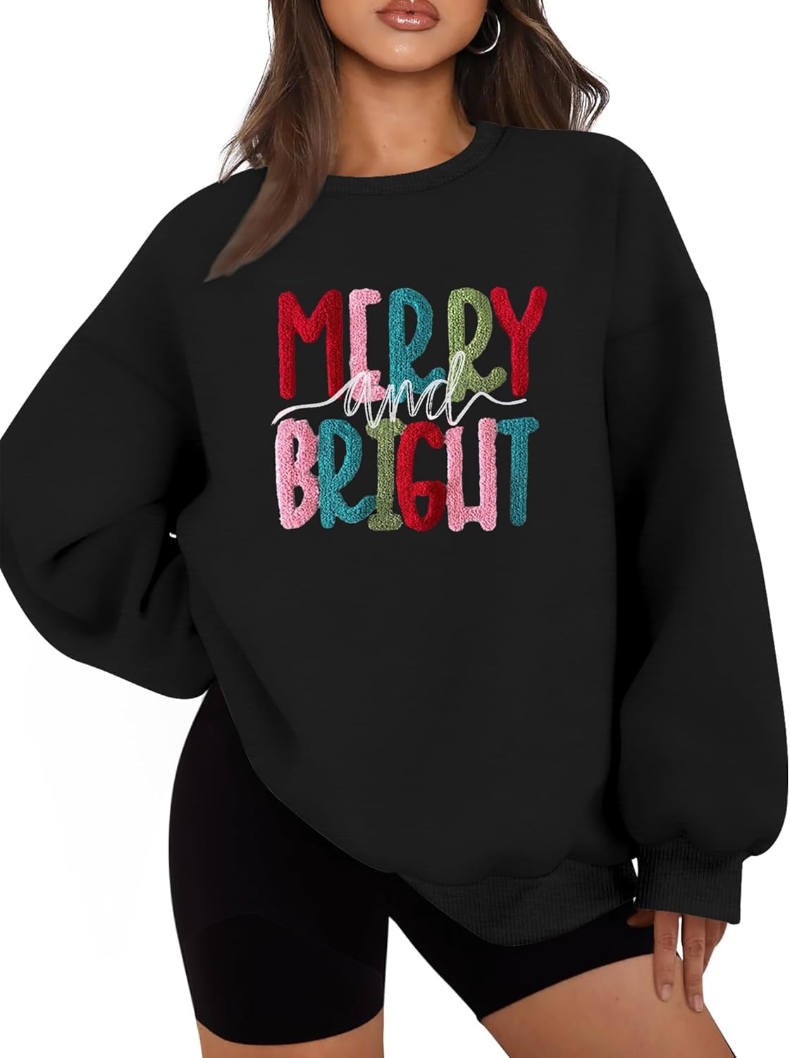 Christmas Sweatshirts for Women: Oversized Merry and Bright Sweatshirt Christmas Sweaters Holiday Chenille Patch Tops - Image 3