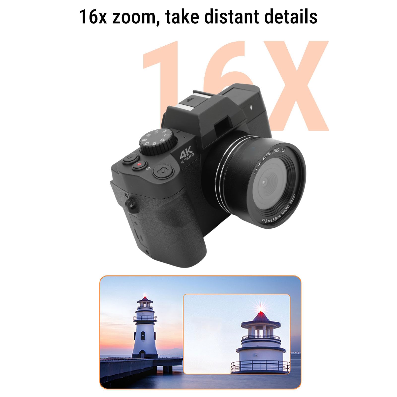 Lazmin112 Fotocamera Mirrorless, Fotocamera per Vlogging 4K da 48 MP per Fotografia, Zoom 16X, 32 GB Incorporati, 2 Batterie, Foto e Video, per Viaggi