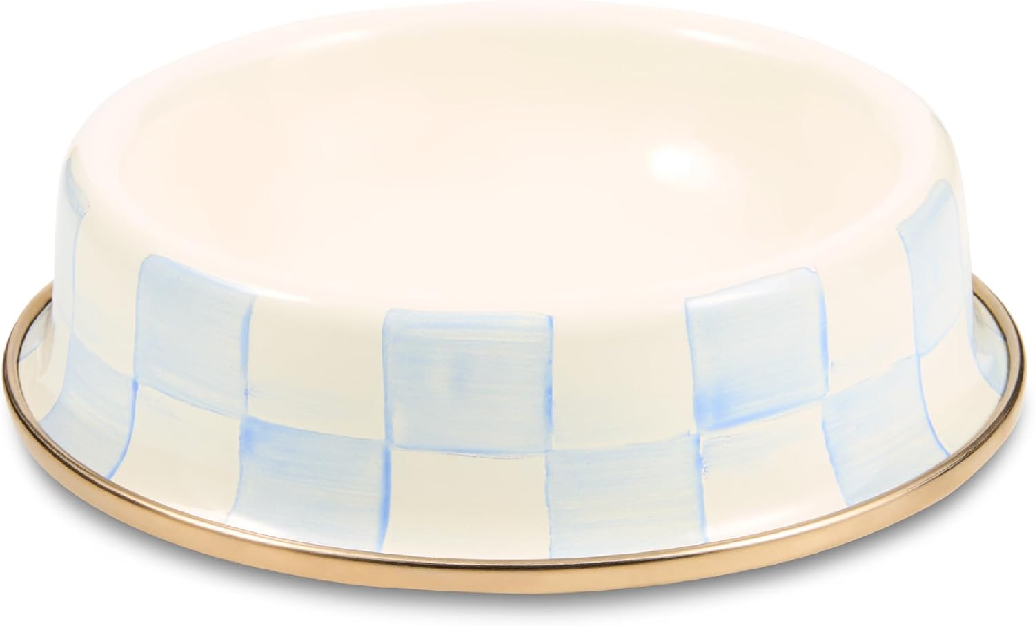 MACKENZIE-CHILDS Enamel Pet Dish, Small, Light-Blue-and-White Sky Check
