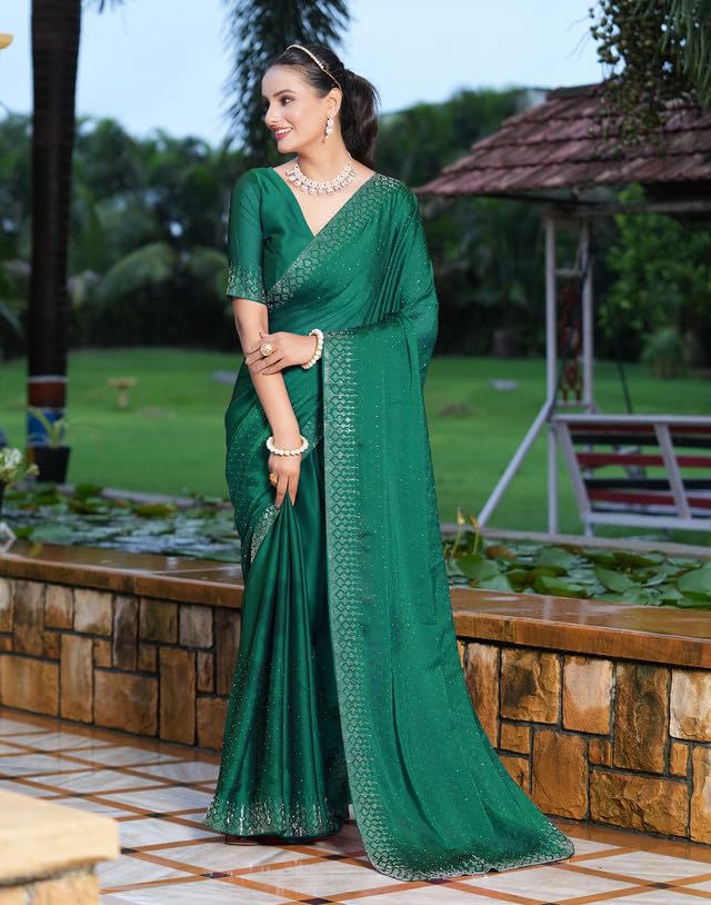 Image of SIRIL Women's Georgette Hot Fixing Stone Work Saree with Unstitched Blouse Piece (3186S138 Turquoise)
