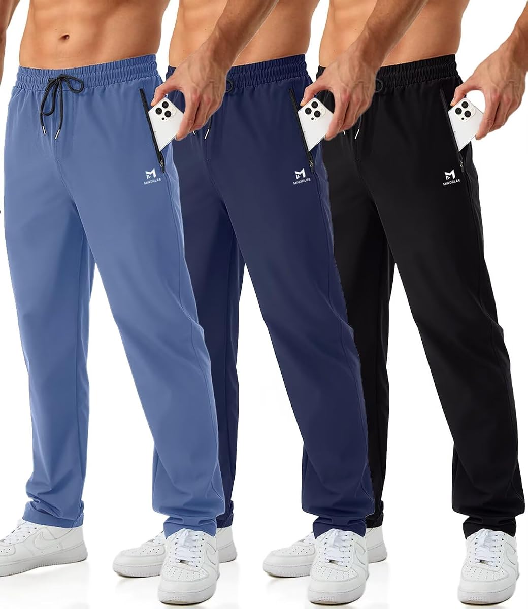 Mens Joggers with Zipper Pockets Open Bottom Sweatpants for Men 3 Pack Lightweight Track Pants Men for Workout,Gym