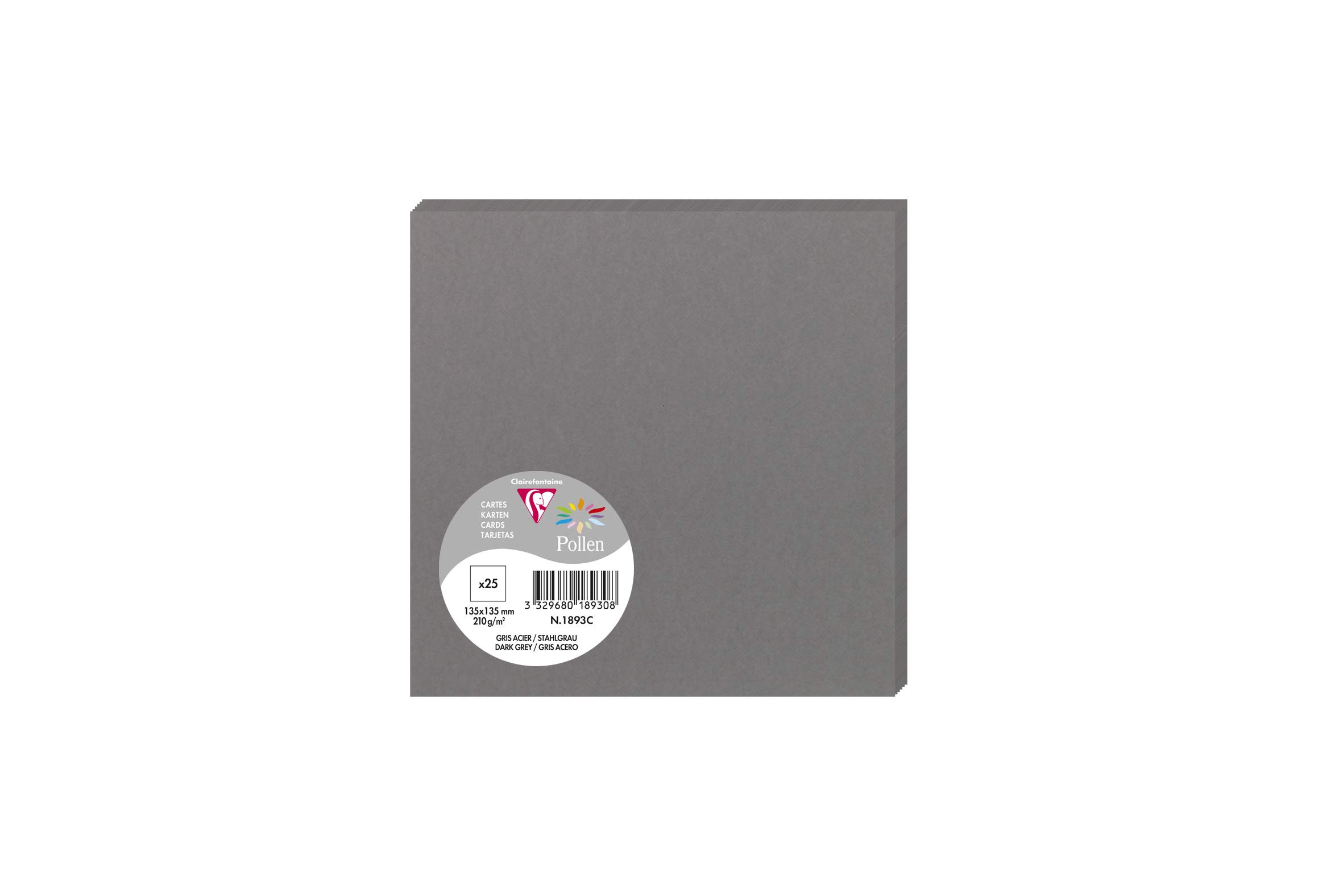 Clairefontaine 1893C Pack of 25 Plain Cards Square Format 13.5x13.5cm 210g/m² Dark Grey Invitation Correspondence Boards Pollen Range Smooth Premium Paper
