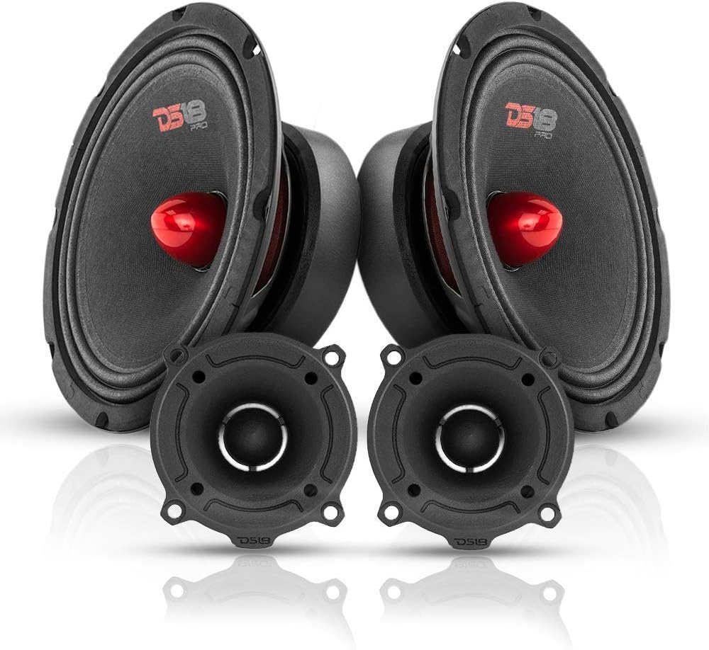 DS18 Bullet Midrange and Tweeter Combo - Complete Mids and High Car Audio Package - Includes 2X 8 Midrange Loudspeaker and 2X Aluminum Super Bullet Tweeter 1" Built in Crossover - Door Speaker Combo