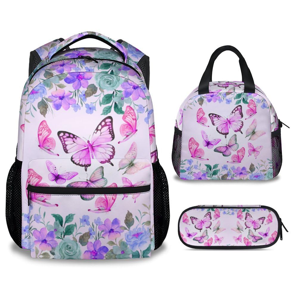 Girls Backpack Set with Lunch Box Pencil Case, Cute Butterfly Backpacks for Kids, Set of 3 Pink Bookbag Lunch Bag Pencil Pouch Matching Combo for
