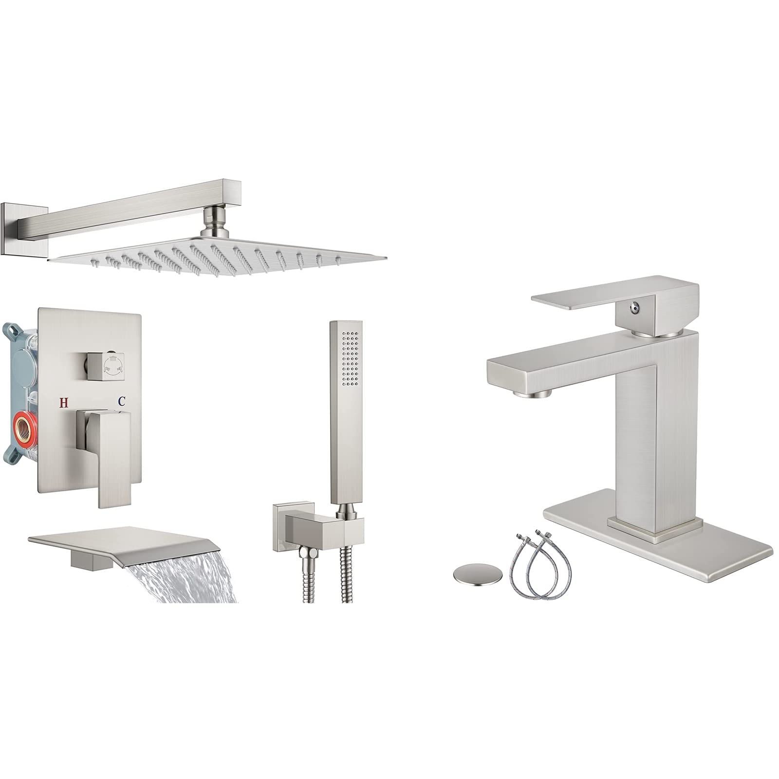 Hcfyauis 10 Inch Square Rainfall Shower System Brushed Nickel Tub Shower Faucet Set Matching With Brushed Nickel Bathroom Sink Faucet 1 Hole Single Handle